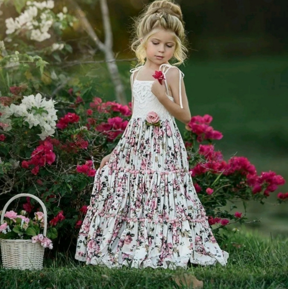 DOLLCAKE white pink floral crochet lace cotton Pom Pom Maxi dress 3 3T